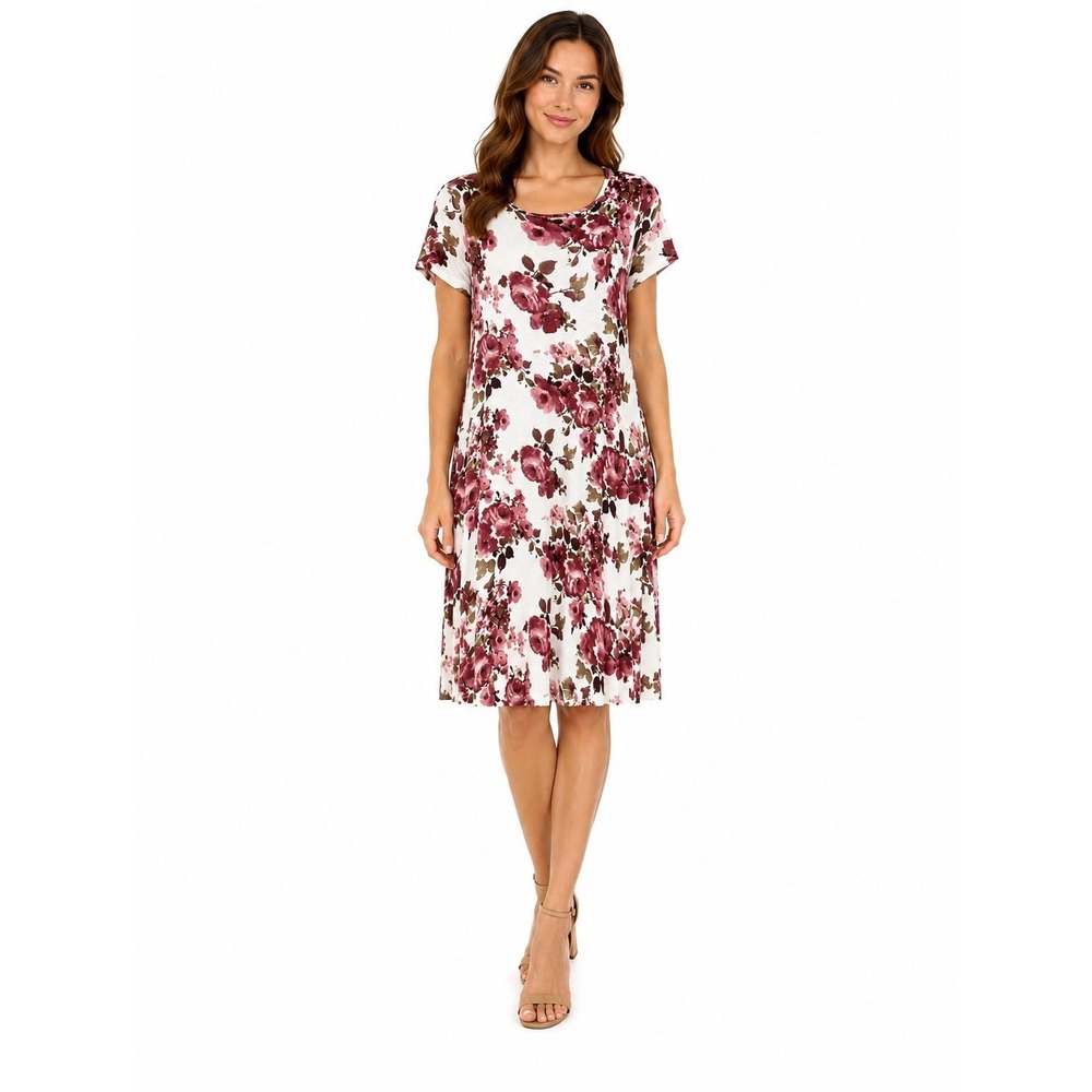 Poof! Womens Short Sleeve Floral Rose T-Shirt Dress Mauve Cream Size M